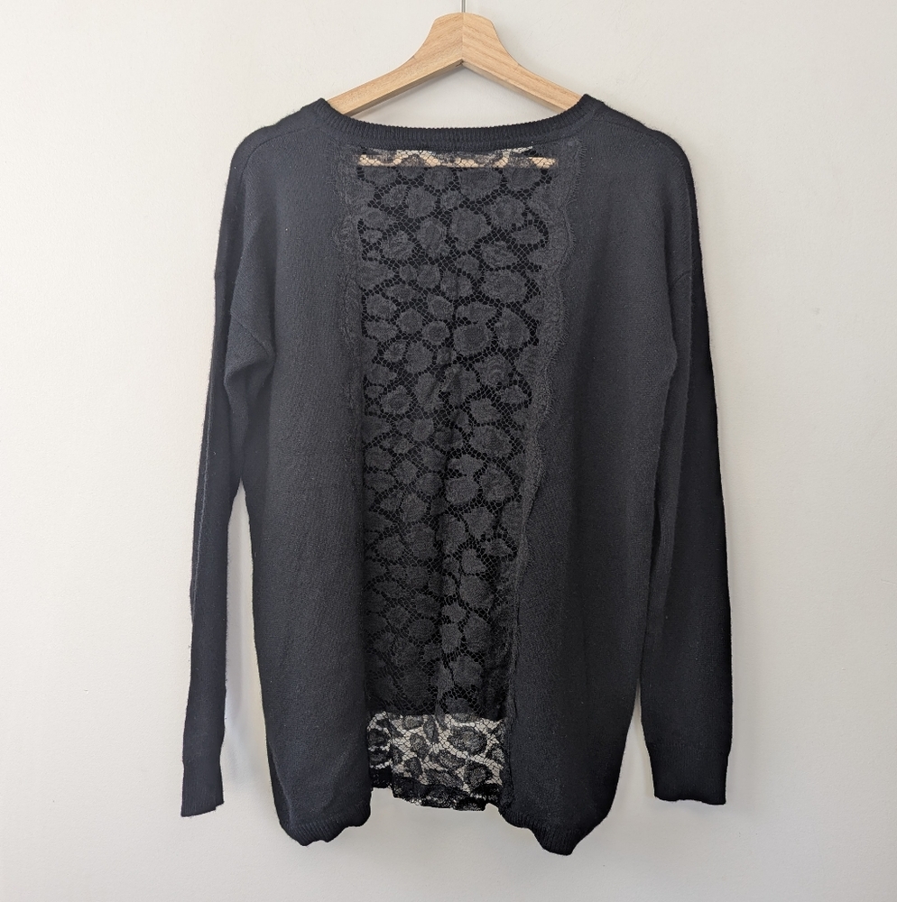 Autumn Cashmere Black  Sweater BacknSheer Panel Leopard‎